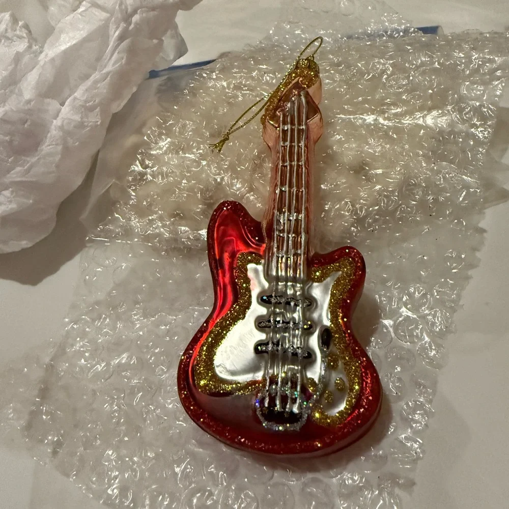New Vintage West Elm Glitter and Glass Guitar Ornament, -6”,